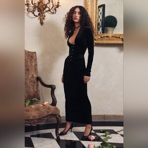 House of CB Arabella Black Velvet Plunge Corset Maxi Dress S NWT